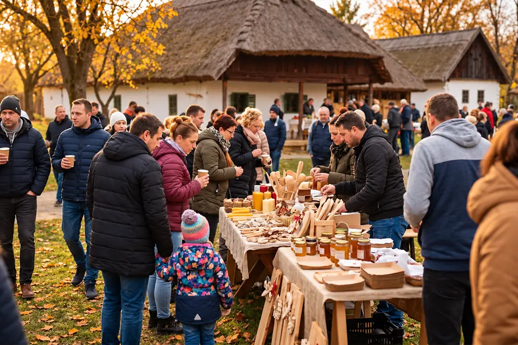 Szent Márton-napi vásári hangulat a Vasi Skanzenben Őszi kézműves vásár látogatókkal és árusokkal a Vasi Skanzen hagyományos épületei között