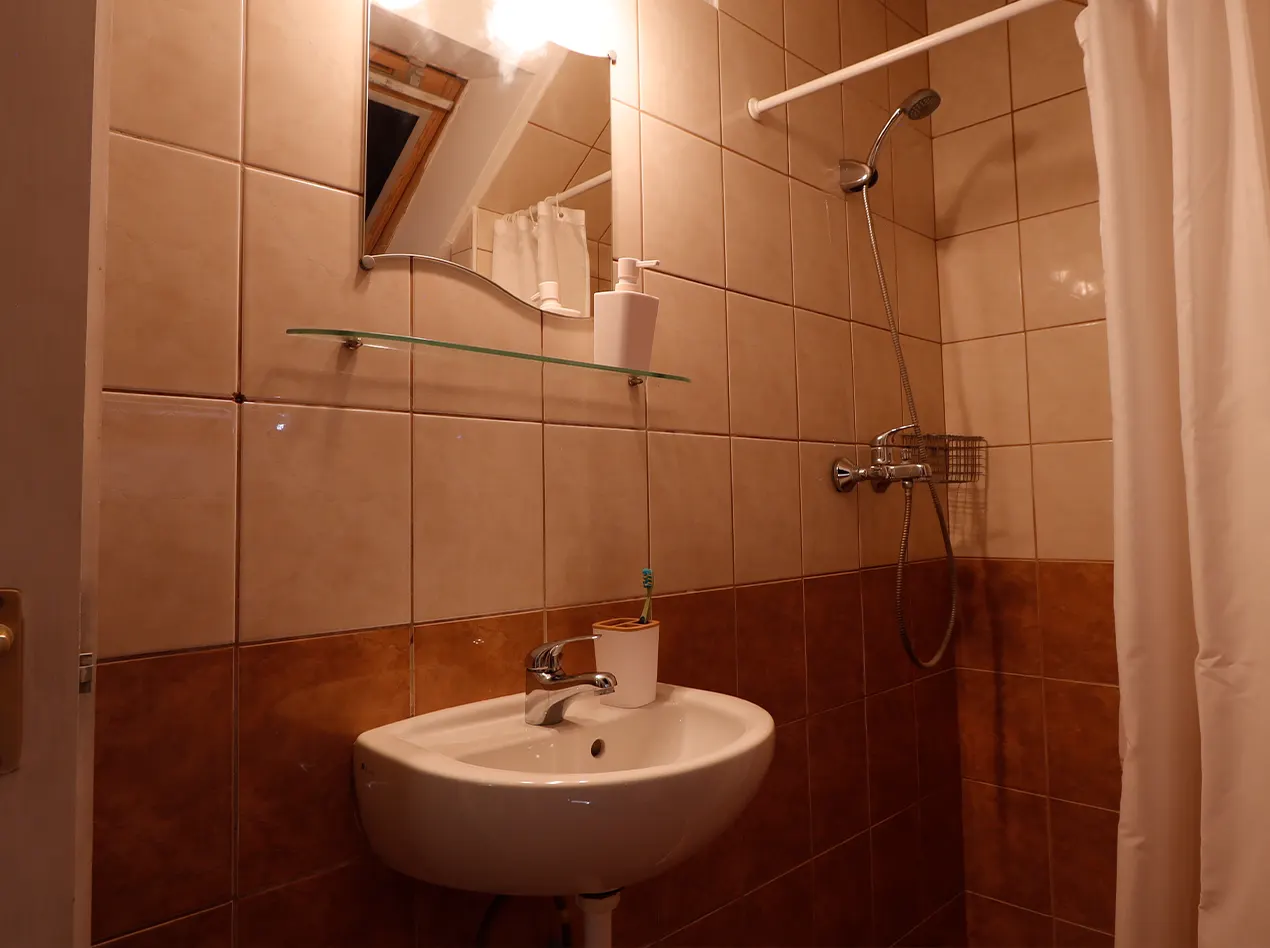 Eigenes Badezimmer mit Dusche und Waschbecken im Anna Gästehaus.